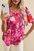 Pink Floral Short Sleeve Smocked Blouse