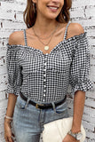 Sweetheart Gingham Button Down Cold Shoulder Blouse