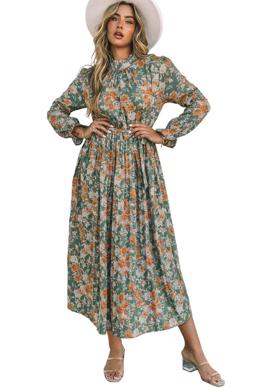 Robe longue à fleurs plissée verte à manches longues avec cravate