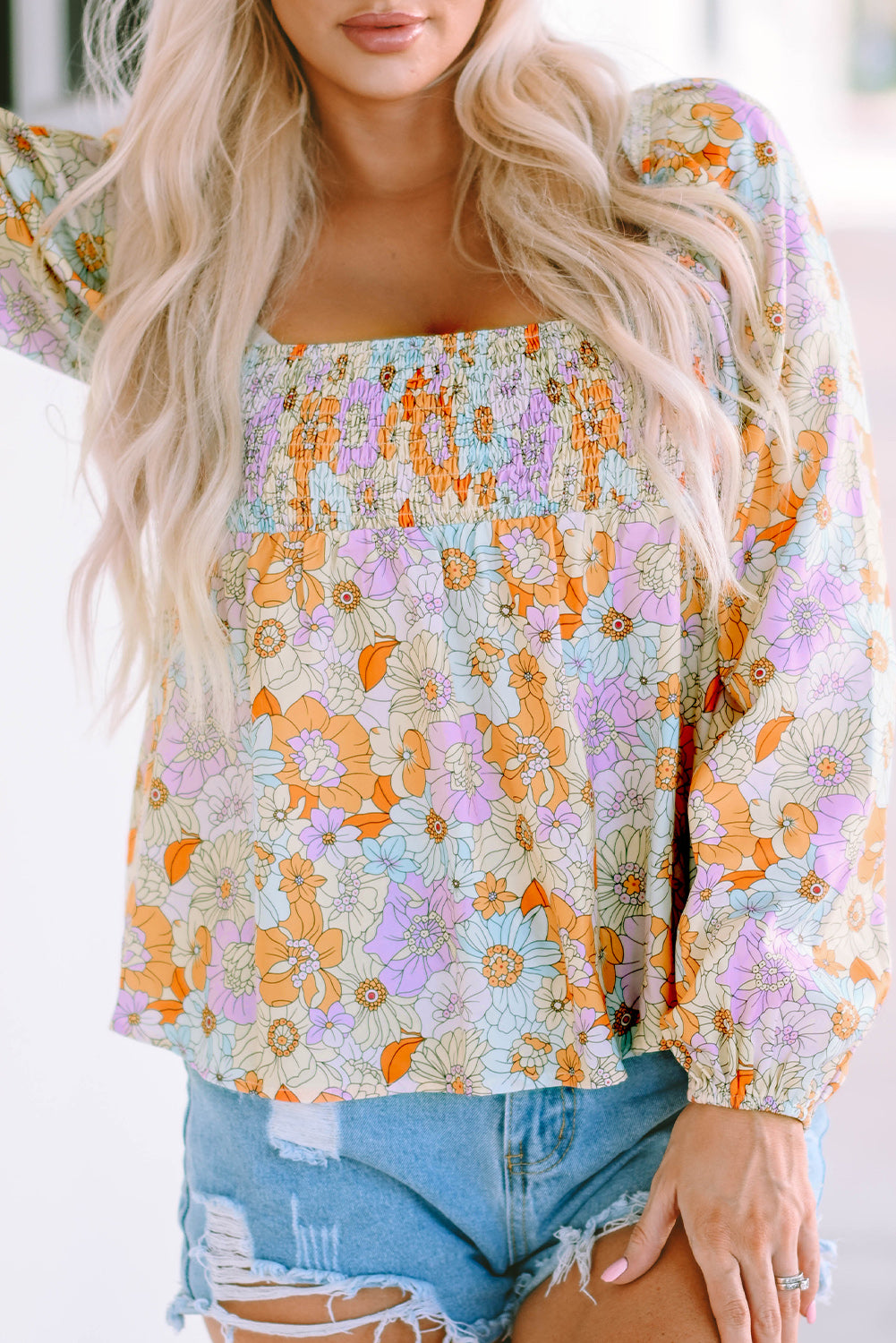 Floral Square Neck Puff Sleeve Babydoll Blouse