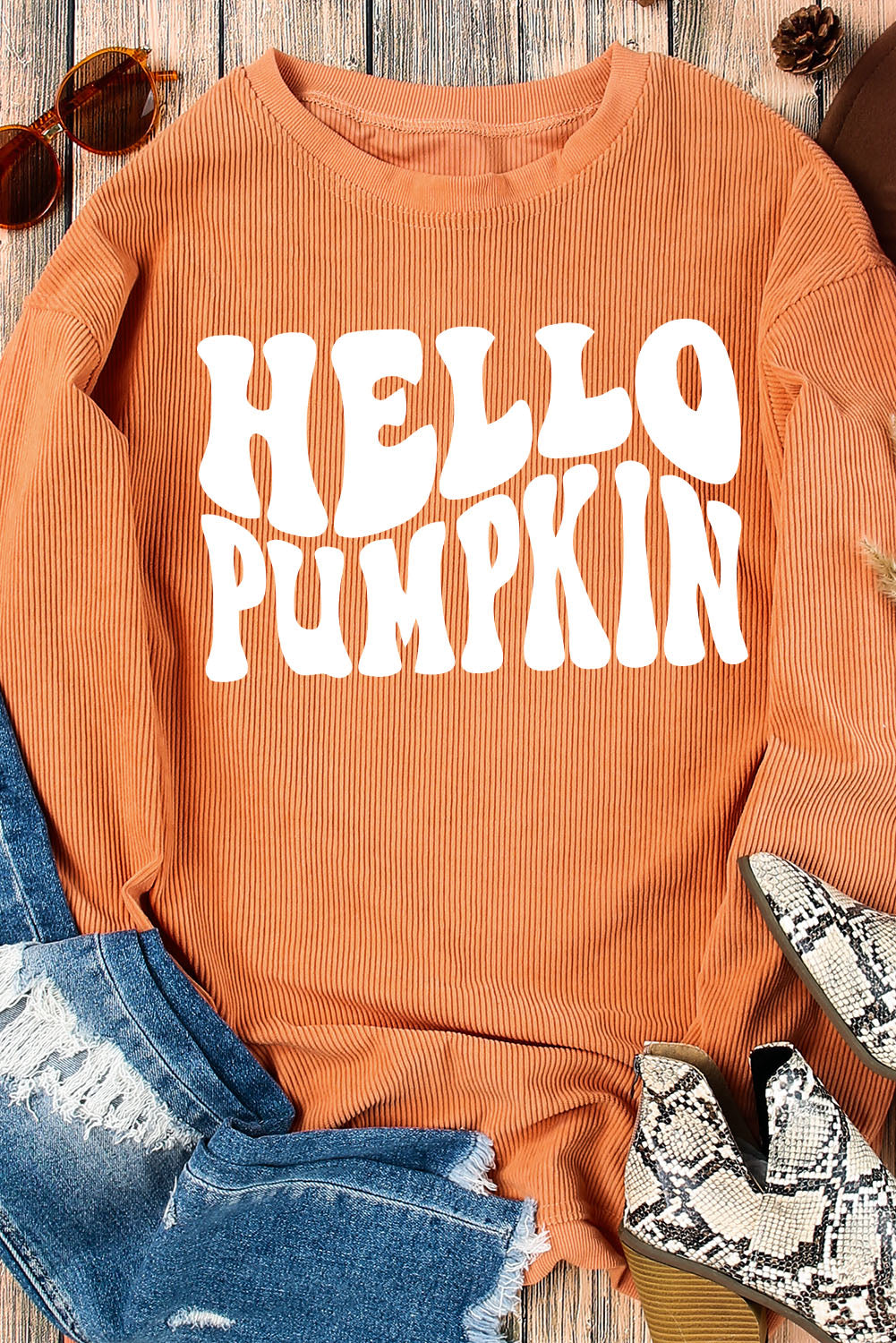 Orange Spooky Season Ghost Print Ribbed Pullover Sweatshirt