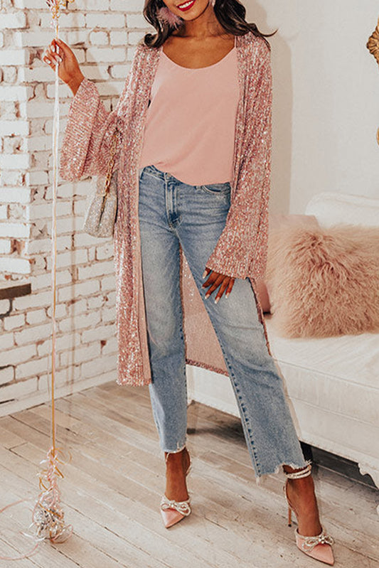 Flare Sleeve Open Front Sequin Kimono