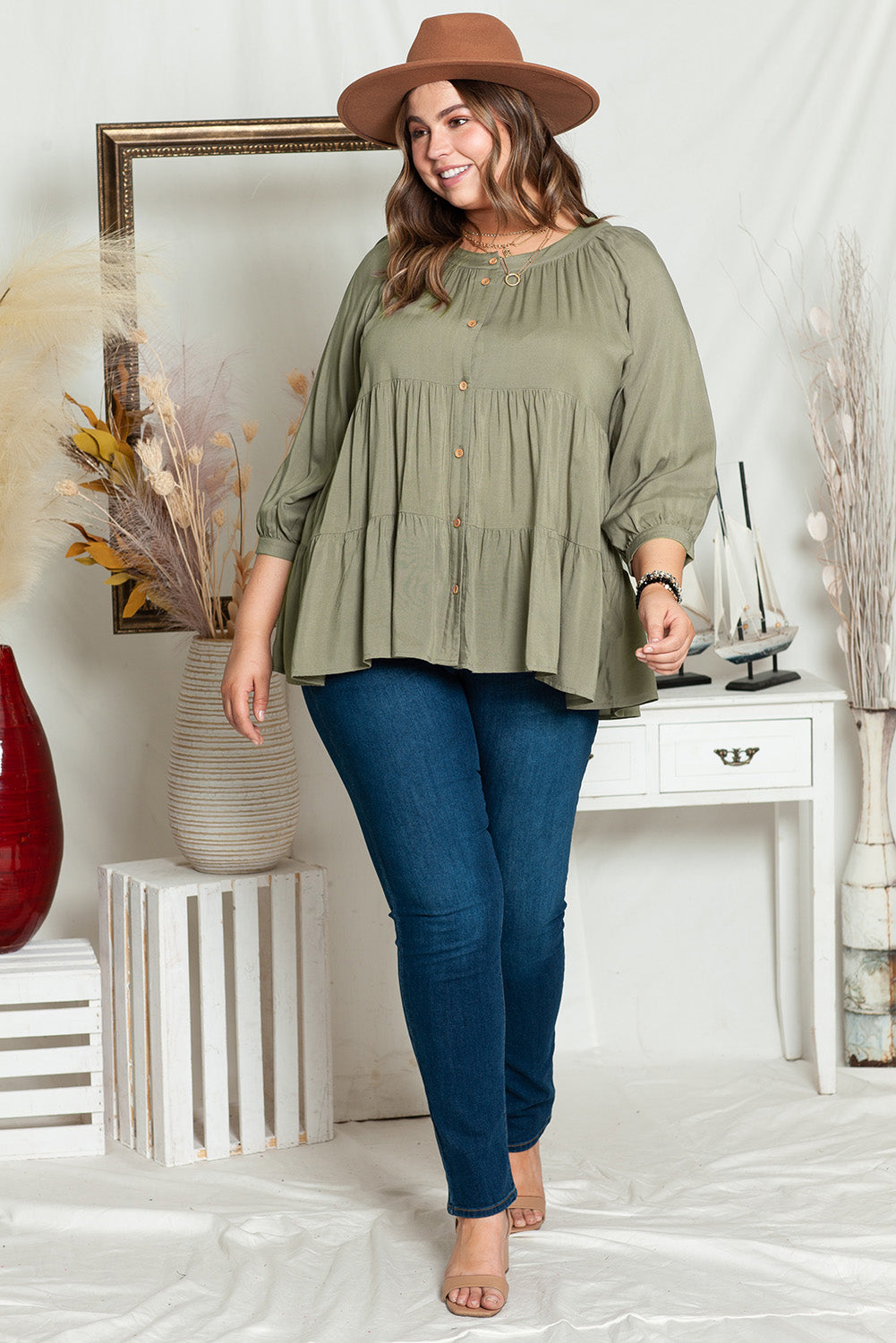 Plus Size Ruffle Tiered Split Neck Shirt