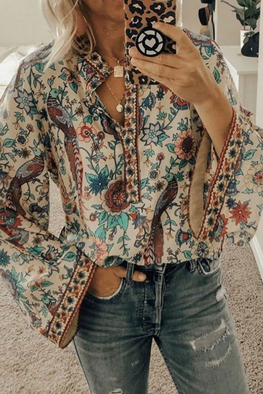 Peacock Floral Print Loose V Neck Shirt