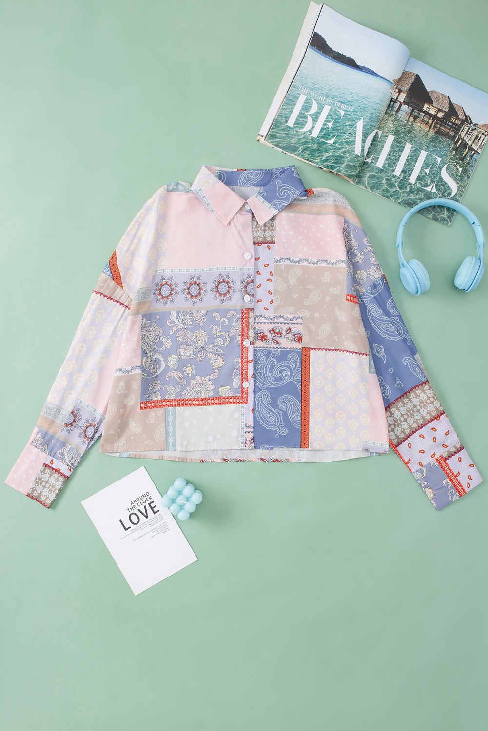 Multicolor Mixed Boho Print Puff Sleeve Loose Shirt