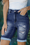 Roll-up Distressed Bermuda Denim Shorts