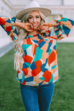 Abstract Pattern Crewneck Ruffled Puff Sleeve Blouse