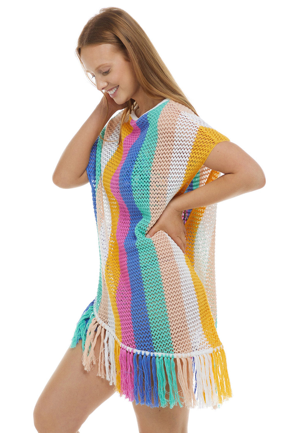 Stripe Tasseled Crochet Beach Cover Up