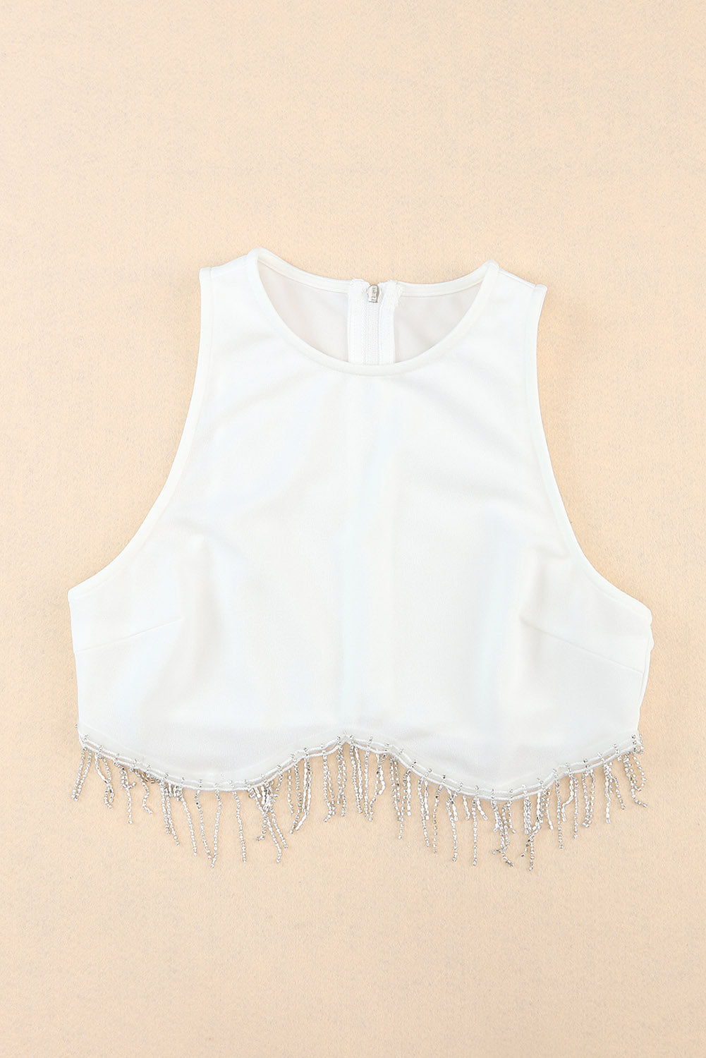 Rhinestone Fringe Zip Back Round Neck Cropped Tank Top