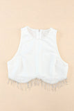 Rhinestone Fringe Zip Back Round Neck Cropped Tank Top