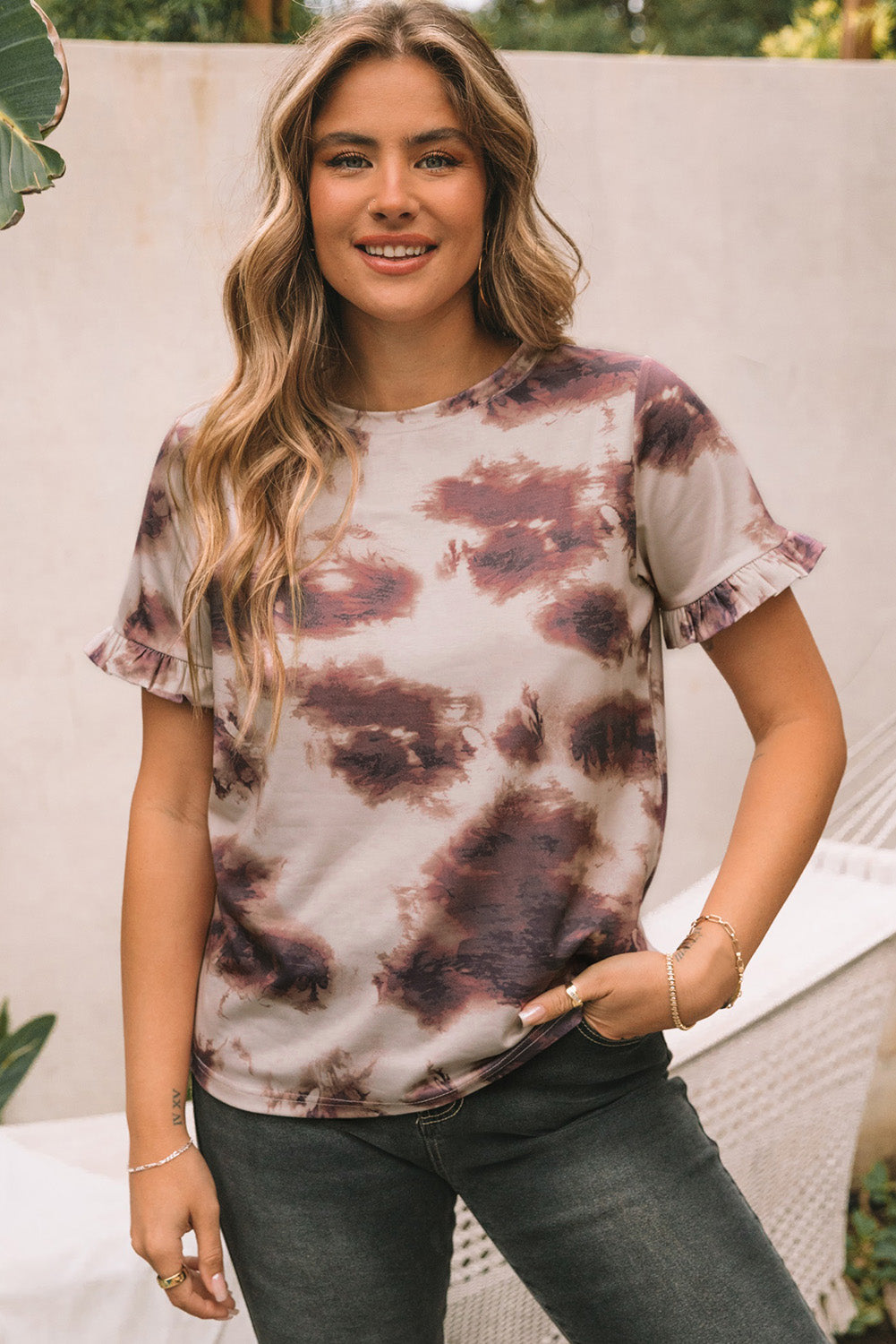 Vintage Tie Dye Ruffled Sleeve T Shirt