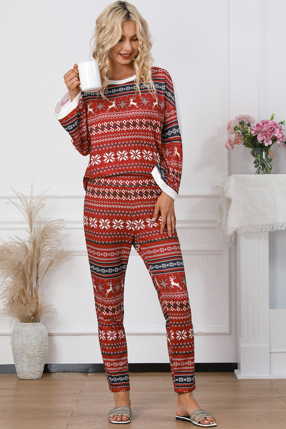 Reindeer Geometric Print Top and Skinny Pants Lounge Set