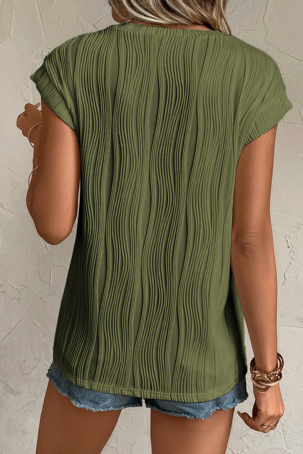 Jungle Green Wavy Texture Cap Sleeve Top