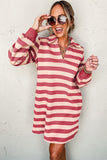 Black Stripe Collared V Neck Long Sleeve Loose Casual Dress