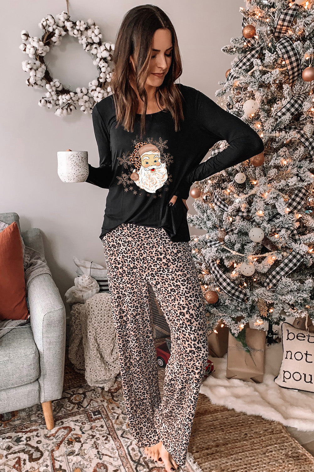 Long Sleeve Top and Leopard Print Pants Lounge Set