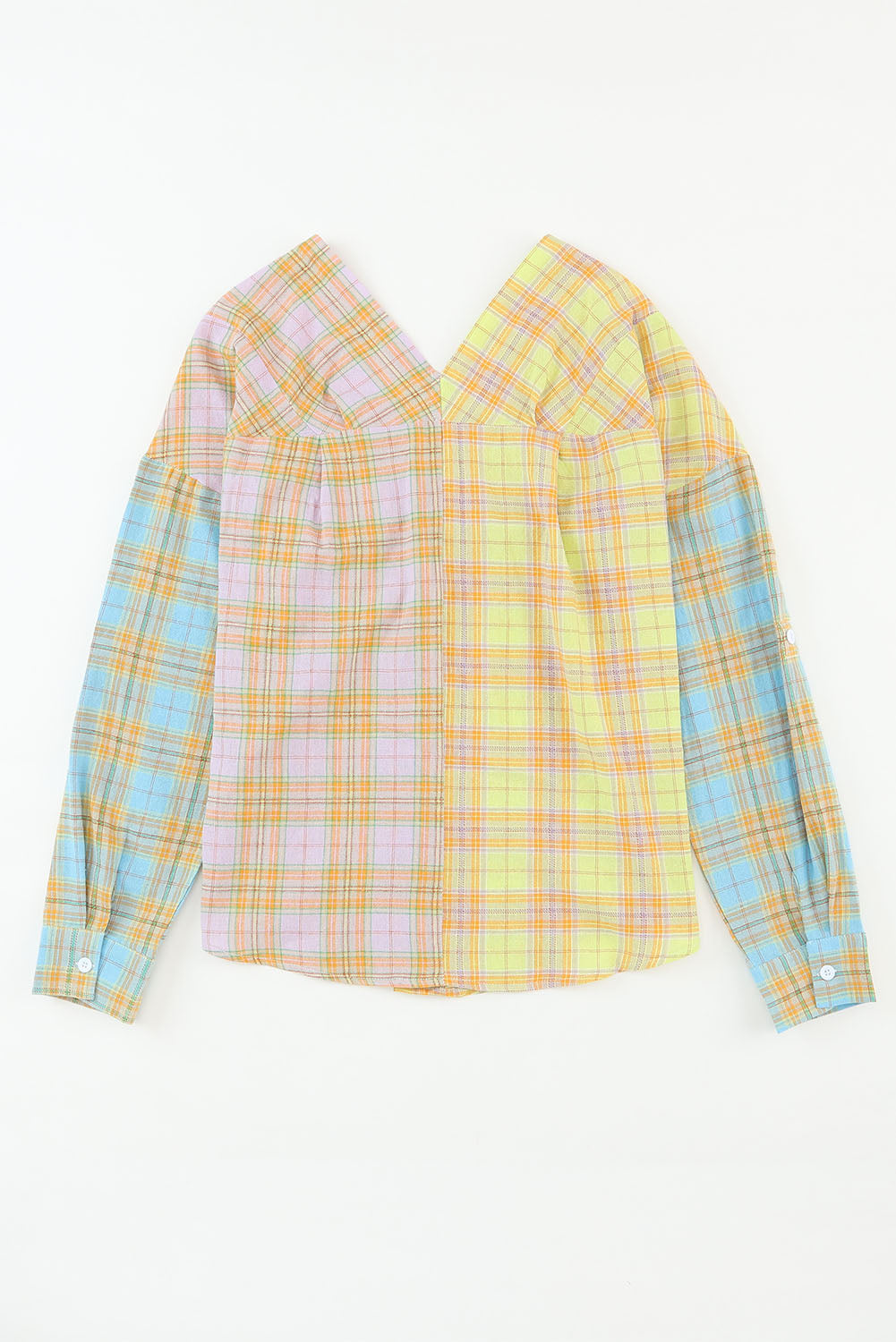 Mixed Plaid Long Sleeve V Neck Buttoned Shirt