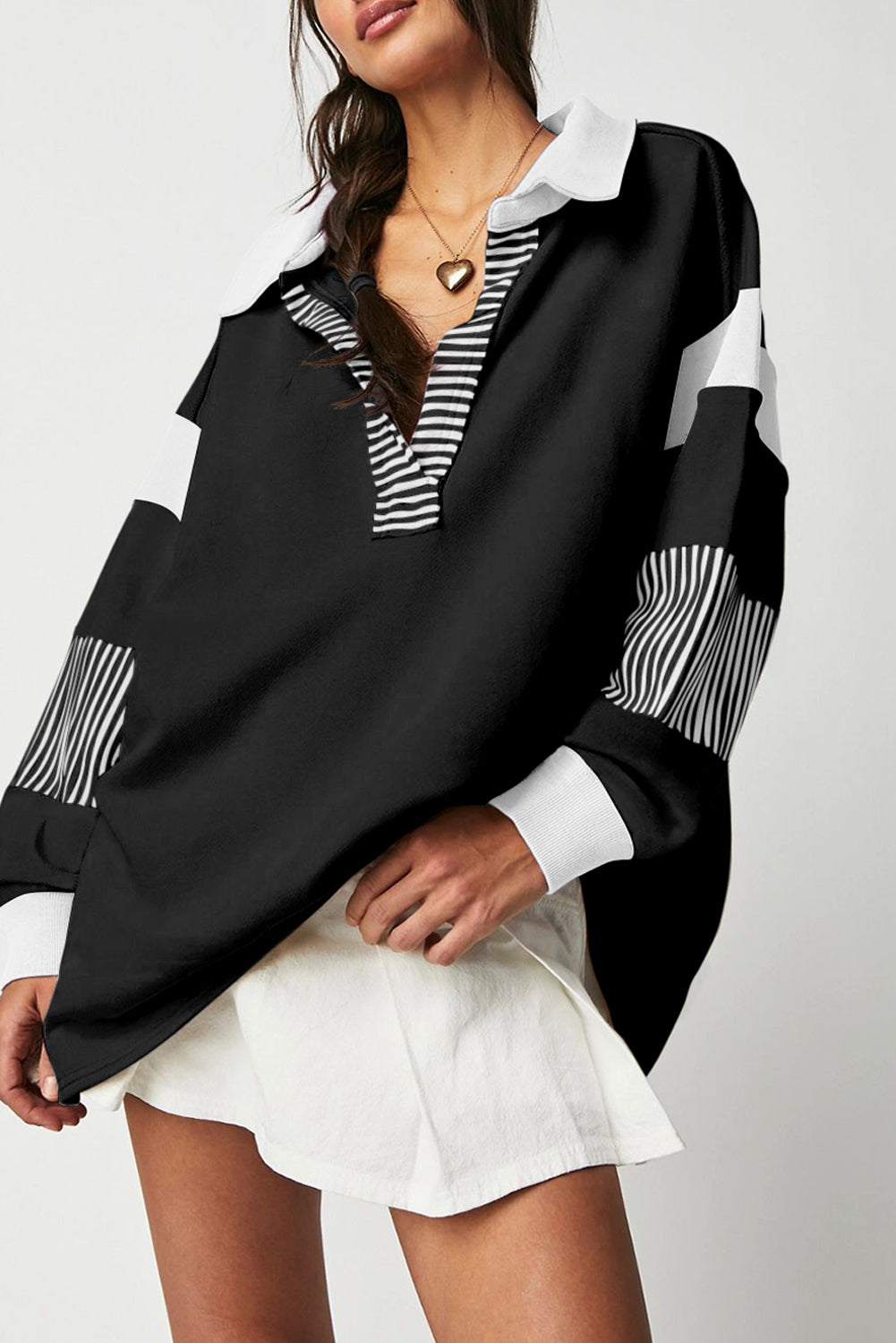 Sail Blue Striped Colorblock Patchwork Collar Sweatshirt