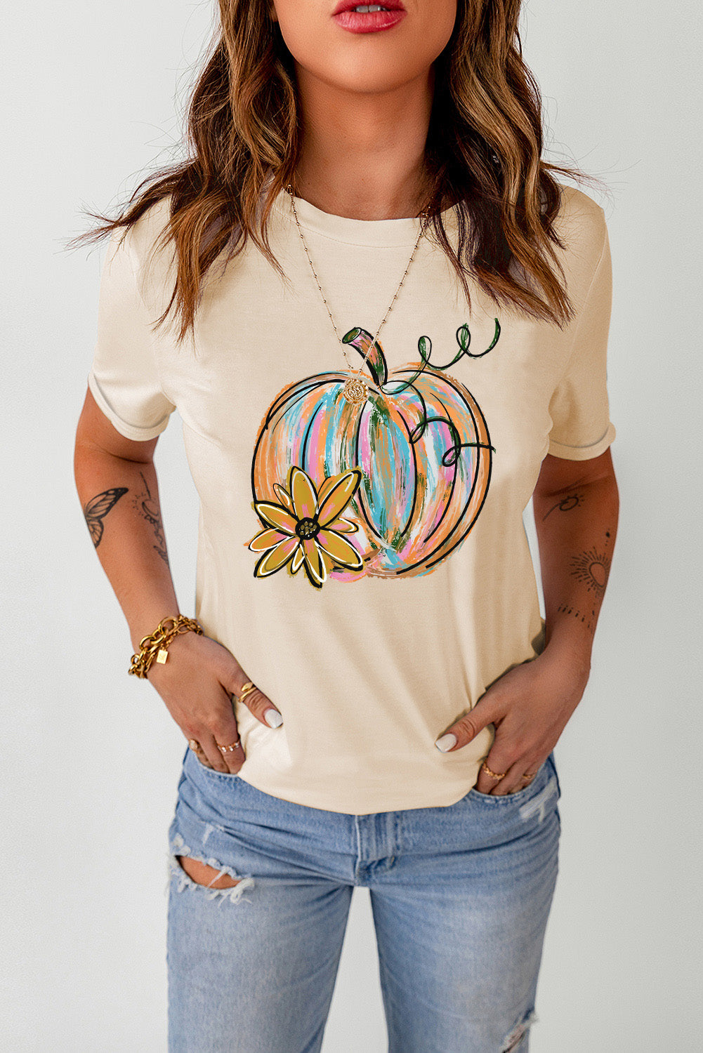 Pumpkin with Flower Graphic T Shirt