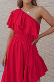 One Shoulder Ruffle High Low Maxi Dress