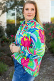 Green Abstract Printed Flounce Sleeve V Neck Buttoned Plus Size Blouse