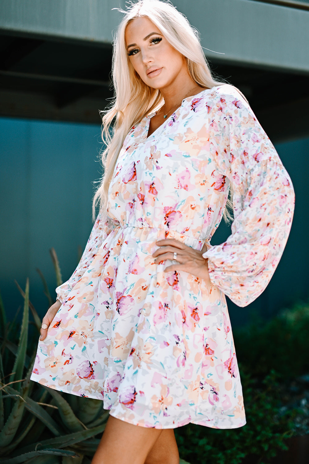 V Neck Bubble Sleeves Floral Dress