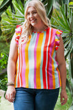 Plus Size Stripe Print Frill Neck Flutter Blouse