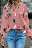 Notch V Neck Feather Print Blouse