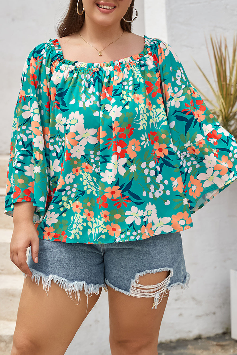 Floral Print Frilled Off Shoulder Plus Size Blouse