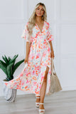 Tropical Floral Print Ruched V Neck Maxi Dress