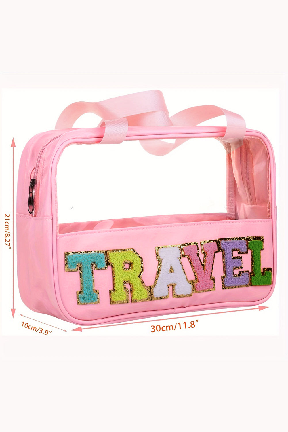 Trousse de maquillage en PVC transparent avec lettre chenille TRAVEL rose clair