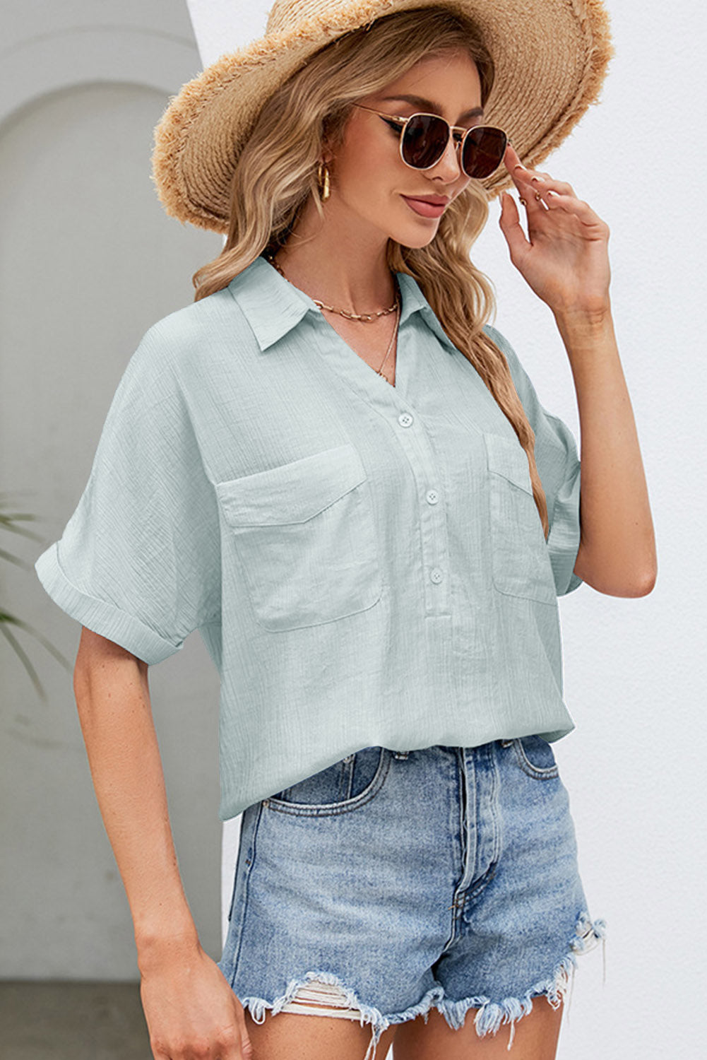 Button Split Neck Collared Short Sleeve Blouse