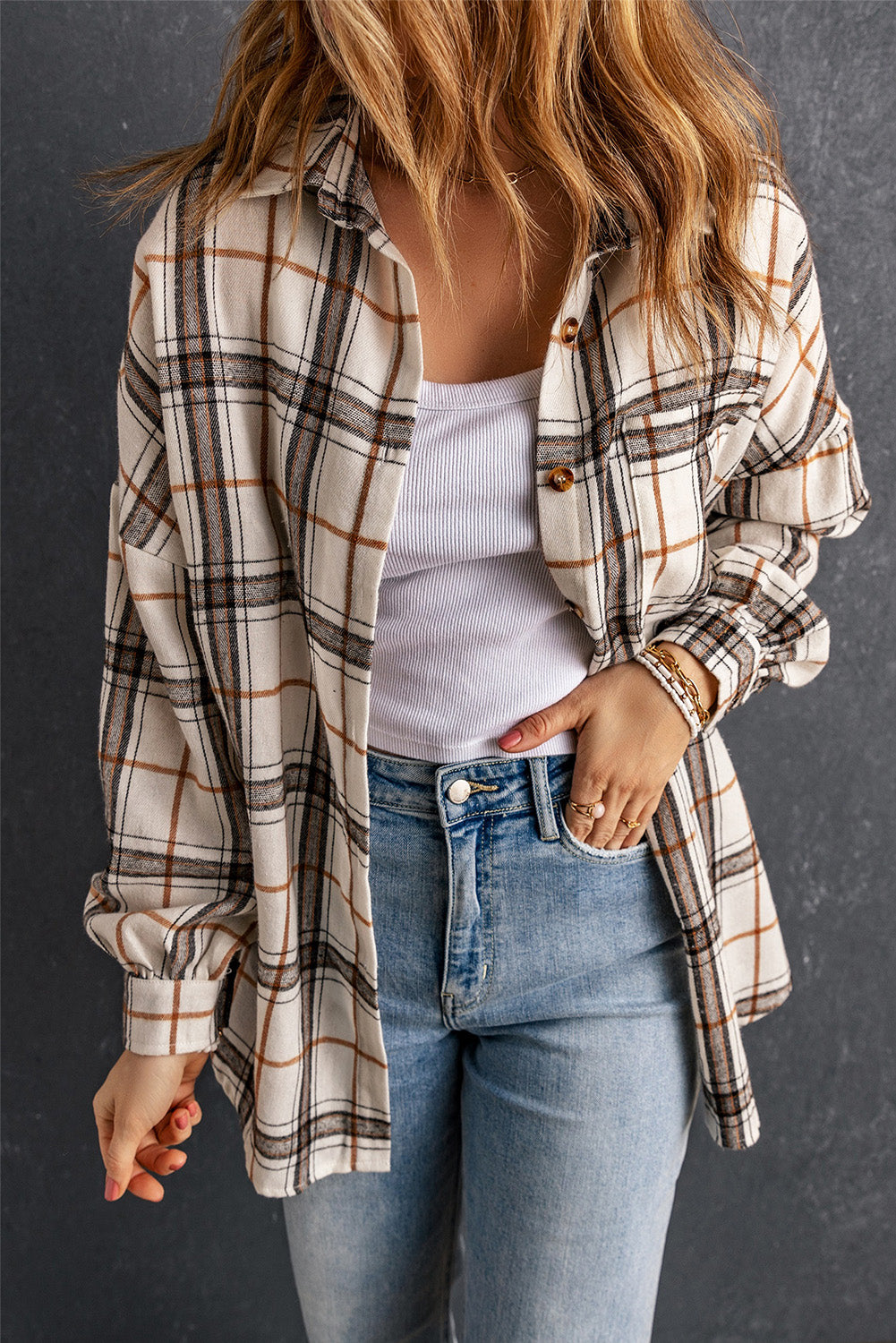 Oversized Plaid Pattern Shacket with Slits