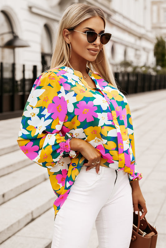 Magenta Gold Floral V Neck Lantern Sleeve Blouse