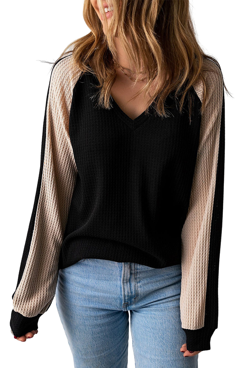 V Neck Contrast Block Waffle Knit Top