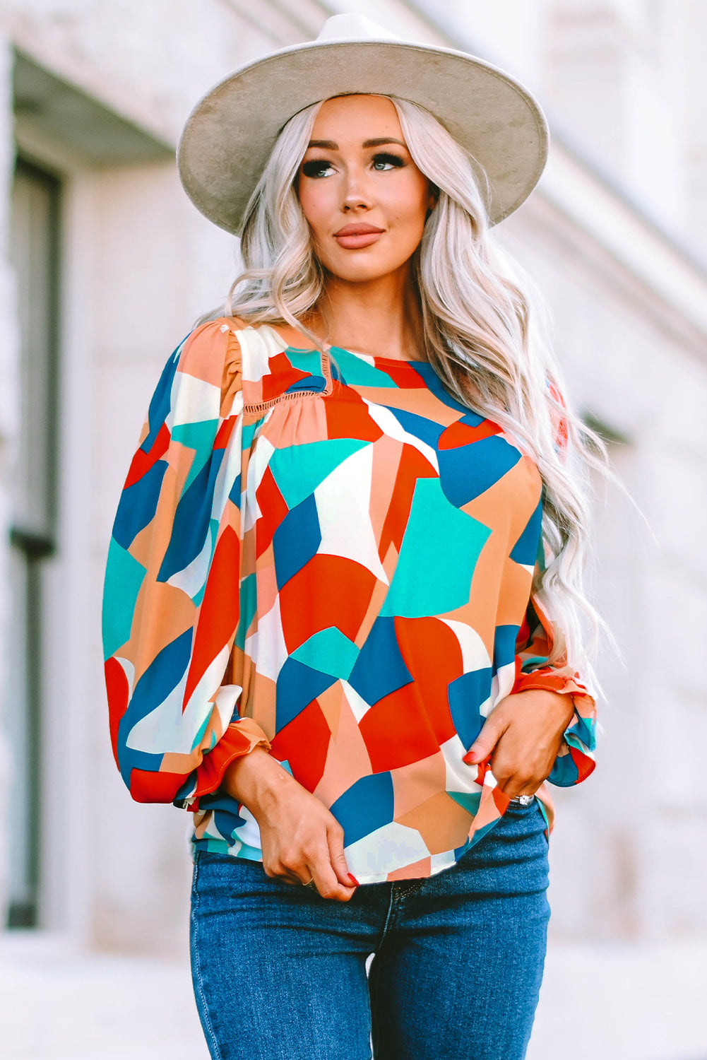 Abstract Pattern Crewneck Ruffled Puff Sleeve Blouse