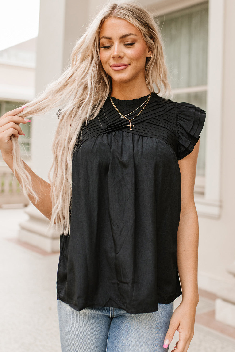 Ruffle Sleeve Pleated Yoke Loose Top