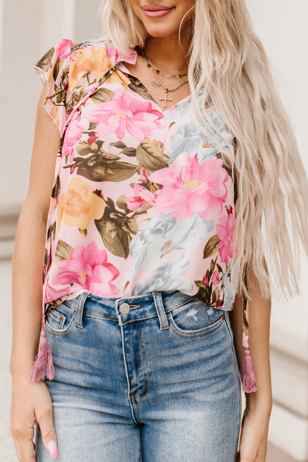 Pink Floral Print Tiered Ruffled Long Sleeve Blouse