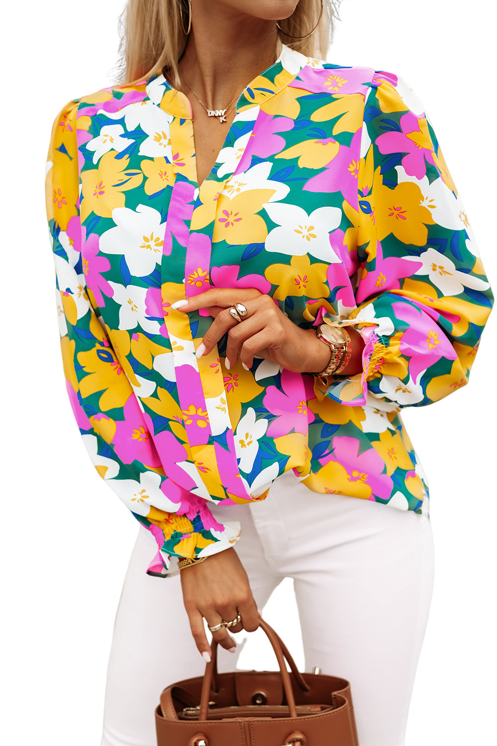 Magenta Gold Floral V Neck Lantern Sleeve Blouse