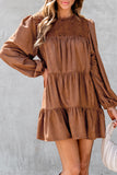 Chestnut Floral Lace Crochet Tiered Ruffled Mini Dress