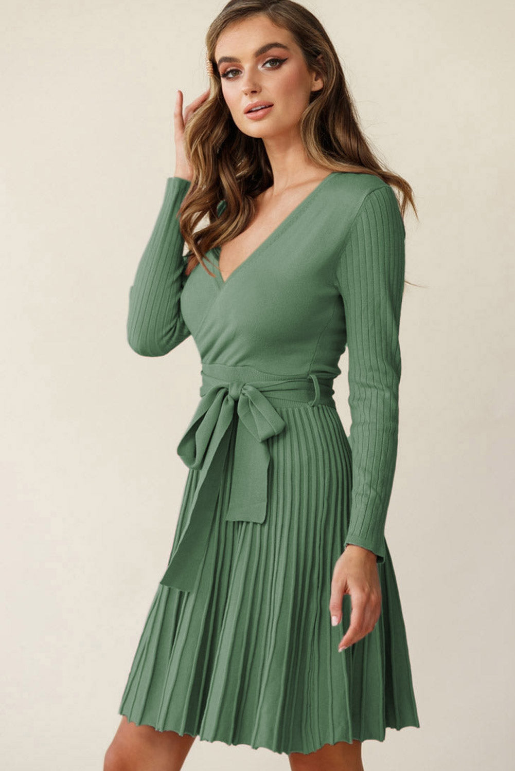 Belted V Neck Ribbed Pleated Sweater Dress