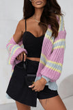 Contrast Striped Open Front Cable Cardigan