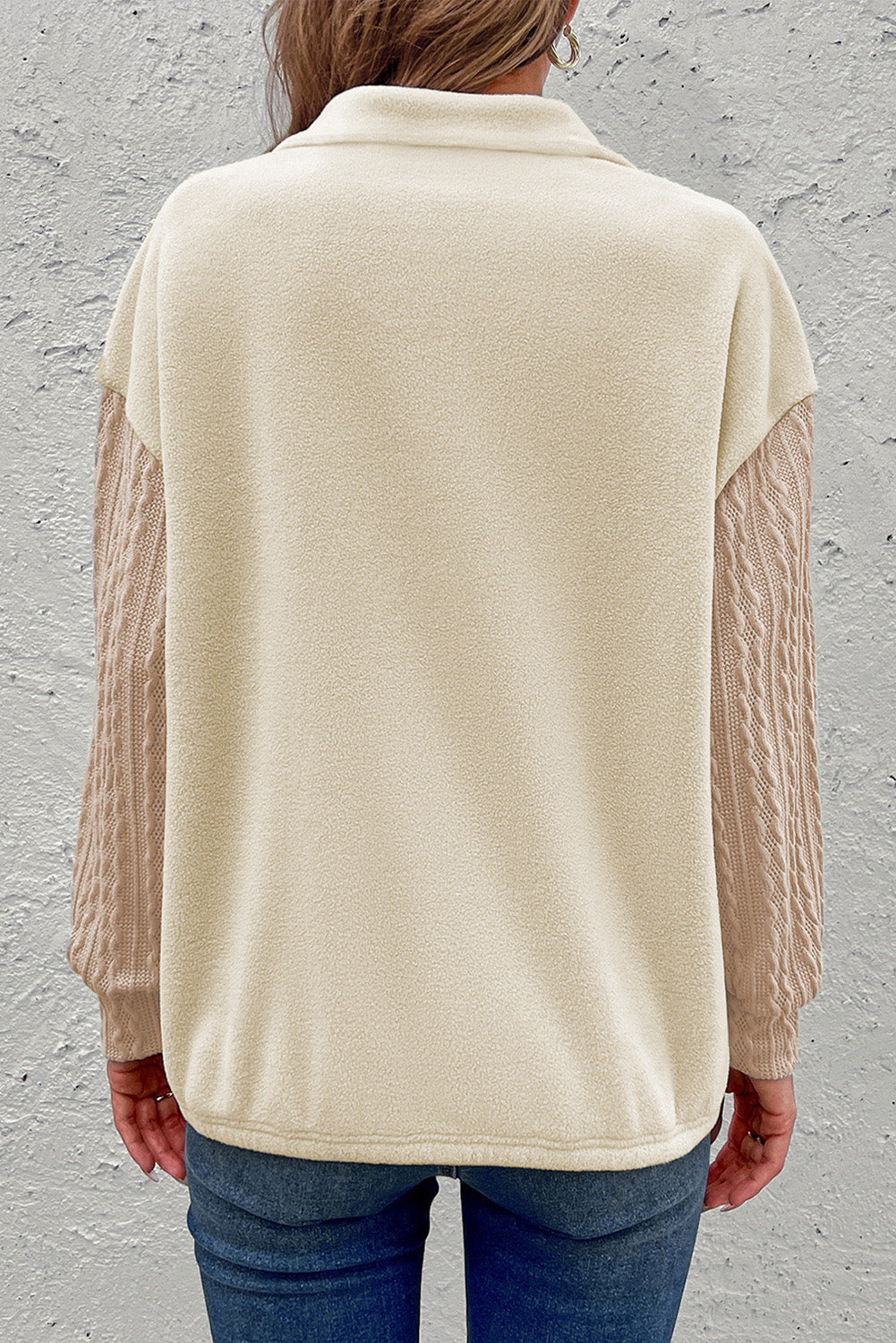 Half Zip Textured Patchwork Sleeve Drop Shoulder Sweatshirt