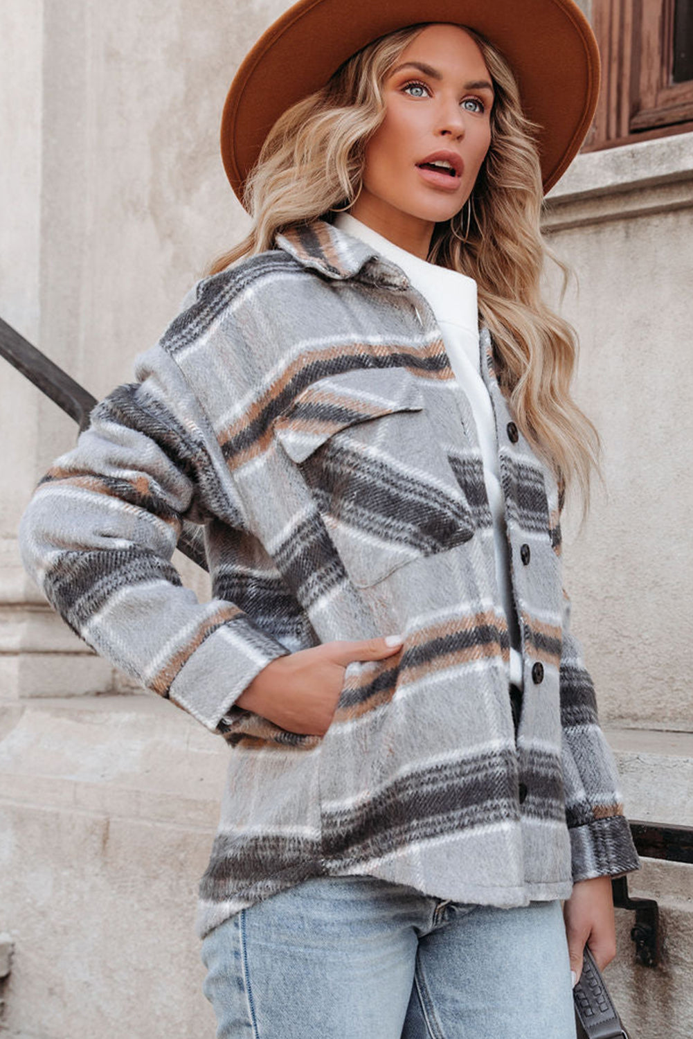 Plaid Print Pocketed Shirt Jacket