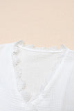 White Lace Crochet Trim Deep V Neck Textured Blouse