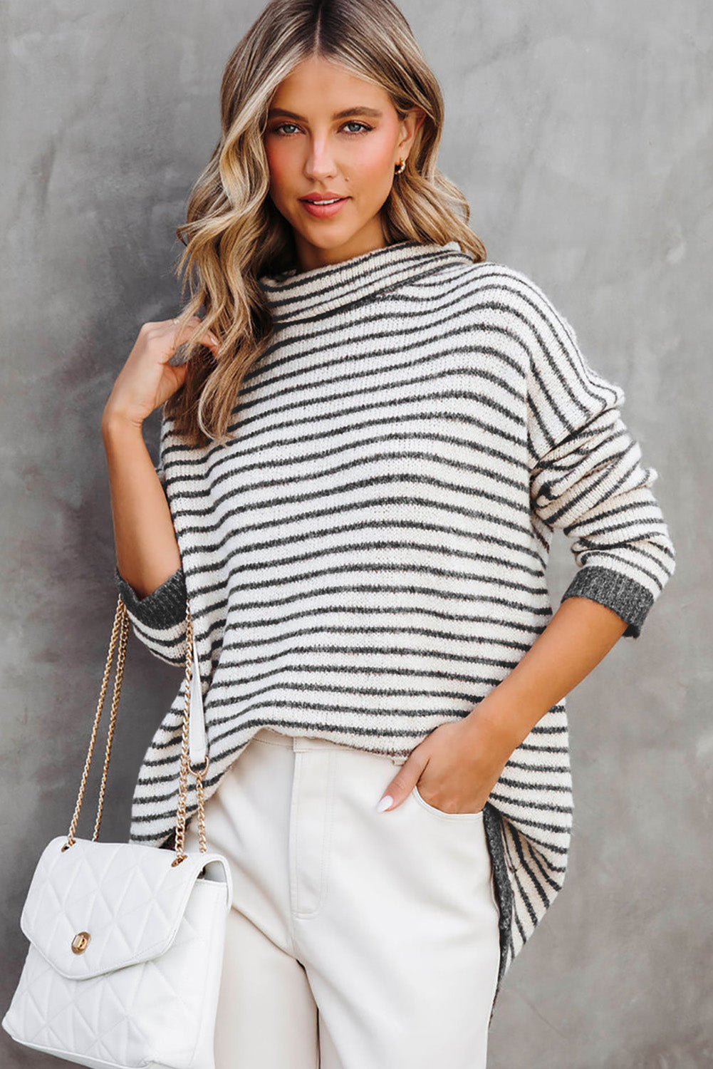 Khaki Striped Turtleneck Loose Sweater