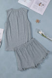 Dark Gray Crew Neck Tank and Drawstring Ruffled Shorts Lounge Set