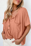 Notched V Neck Buttoned Front Textured Loose Top