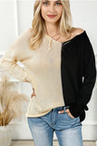 2-tone Color Block Raw Edge V Neck Sweater