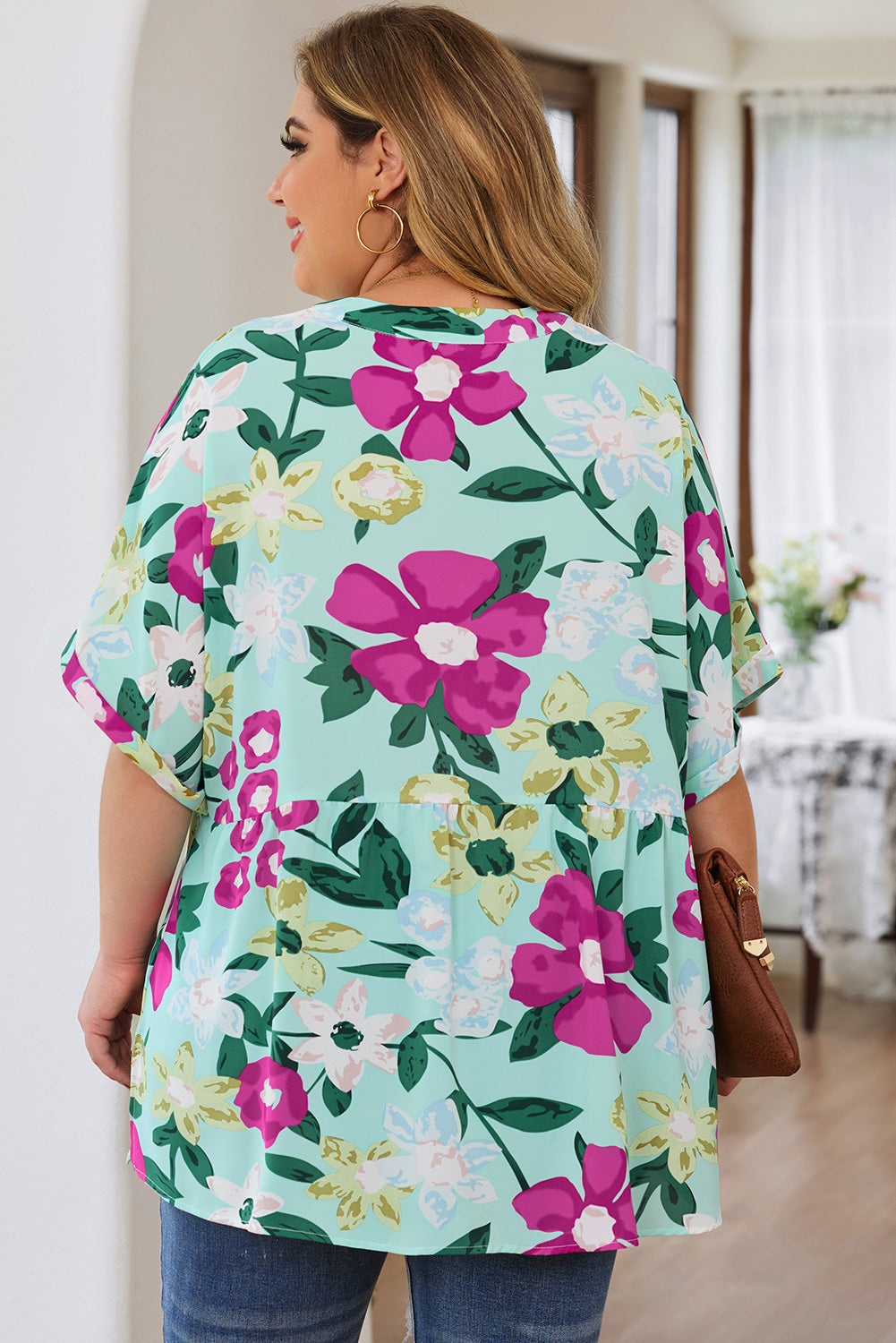 Flower Print Chest Pocket V Neck Blouse