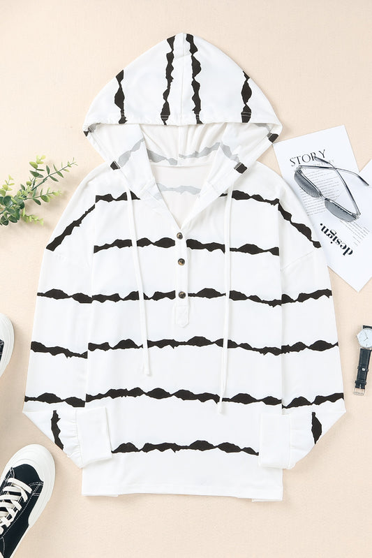 Striped Drawstring Button Long Sleeve Hoodie